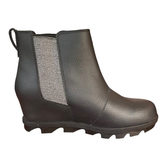 Sorel Joan of Arctic Wedge III Chelsea Booties Black Silver Leather Women 5 - Picture 2 of 8